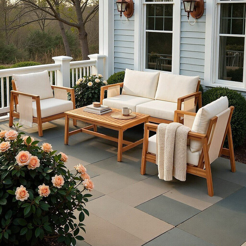 Ensemble de canapés d'extérieur en bois d'acacia 4 pièces avec accents textilène et coussins imperméables, Teck