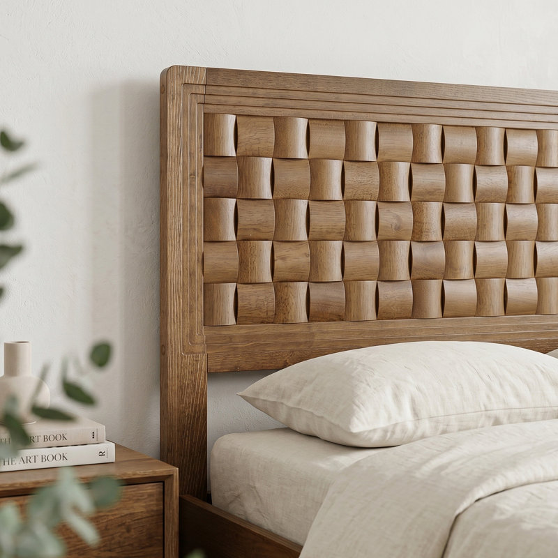 Squaro Mid-Century Modern Solid Wood Bed Frame with Woven Headboard - King Size in Chestnut Brown, Chestnut Brown, King