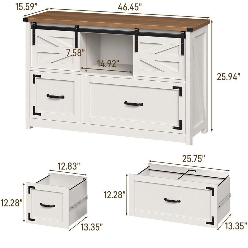 Lateral File Cabinets 2 Drawer With Sliding Barn Doors, White/Brown