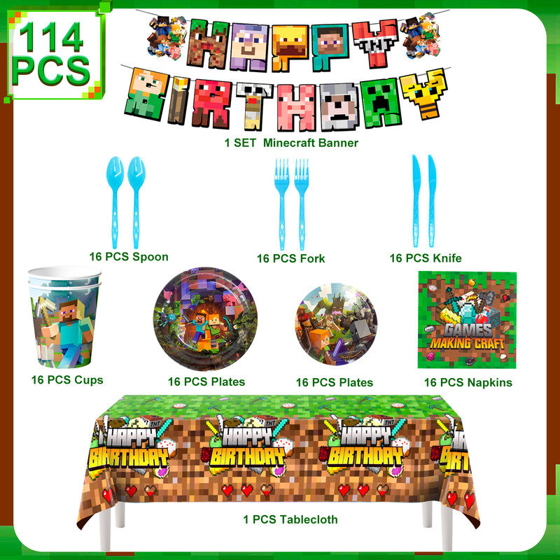 Ensemble de vaisselle Pixel Game Birthday Party, 114 pièces