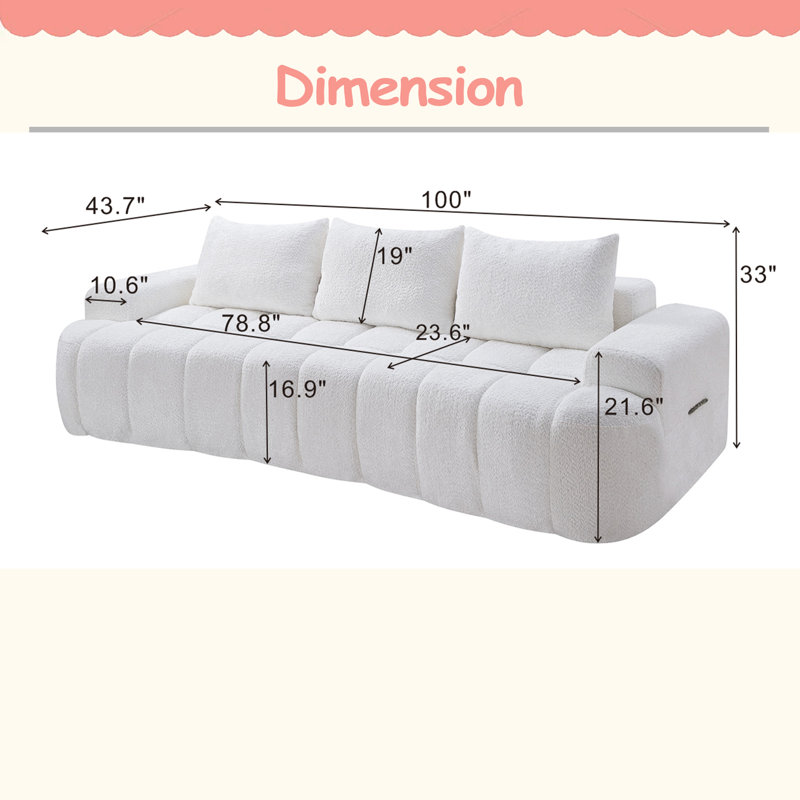 Canapé modulaire compressé très large de 100 po à l'avant courbé, canapé Boucle 3 places en forme de nuage avec mousse à haute résilience, facile à déplacer et à expédier, canapé surdimensionné moderne pour le salon