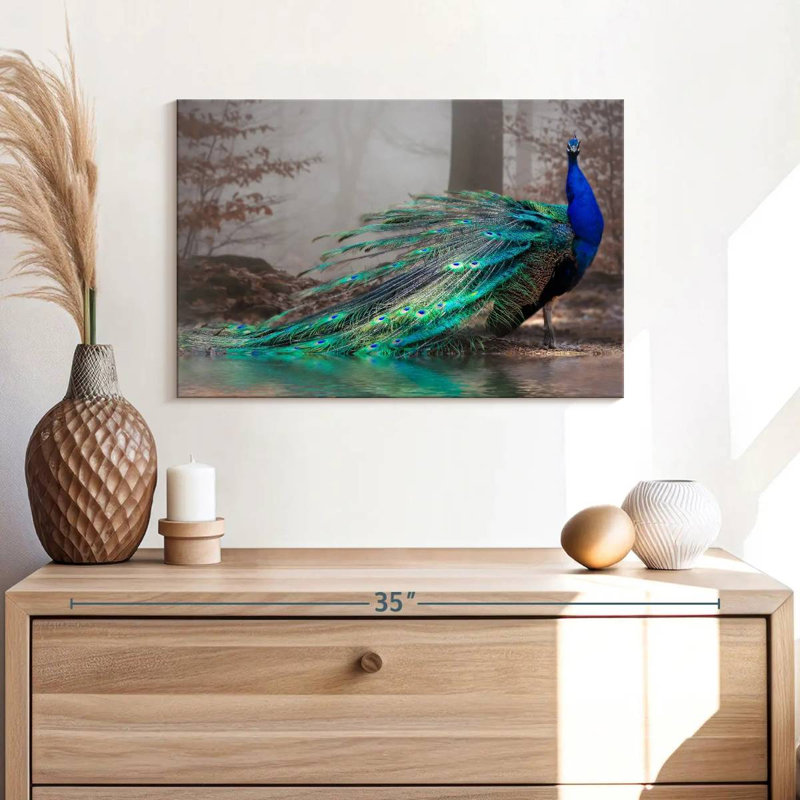 Élégant paon bleu sur toile, H 16 po x l 24 po