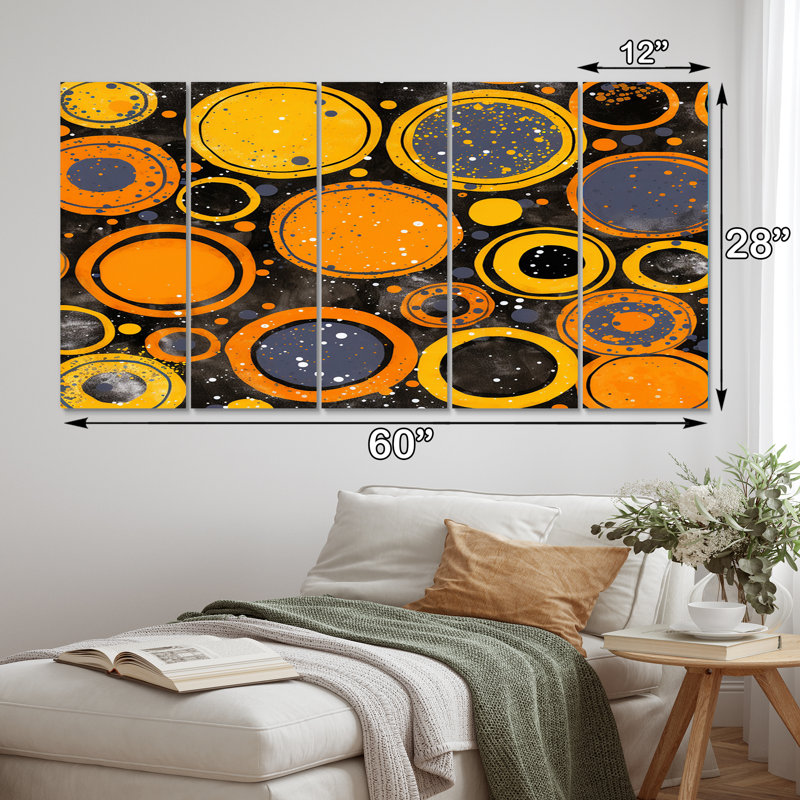 Circulaire Vintage Moons In Yellow - Modern Midcentury, reproduction d'art sur toile - 5 panneaux égaux