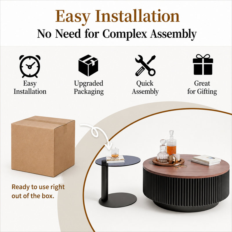 36" Modern Fluted Round Coffee Table Set of 2 with 2 Hidden Storage Drawers, Walnut Finish Top & Tempered Glass Side Table