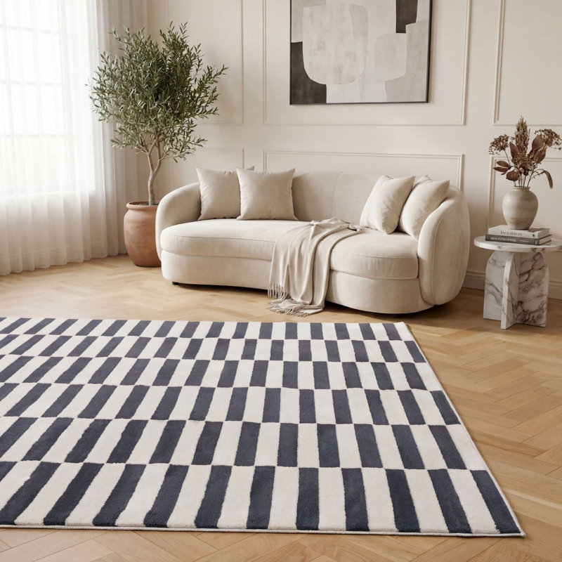Loft Modern Striped Living Room Area Rug and Runner Soft Pile, Runner 80 x 300 cm, Navy/Ivory