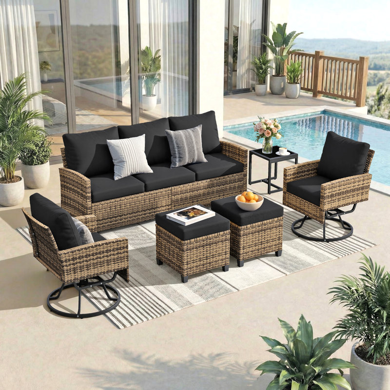 6-Piece Patio Wicker Conversation Set With 3-Seat Sofas, Swivel Rocking Chairs, And Ottomans,Backyard, Porch, Poolside, Black