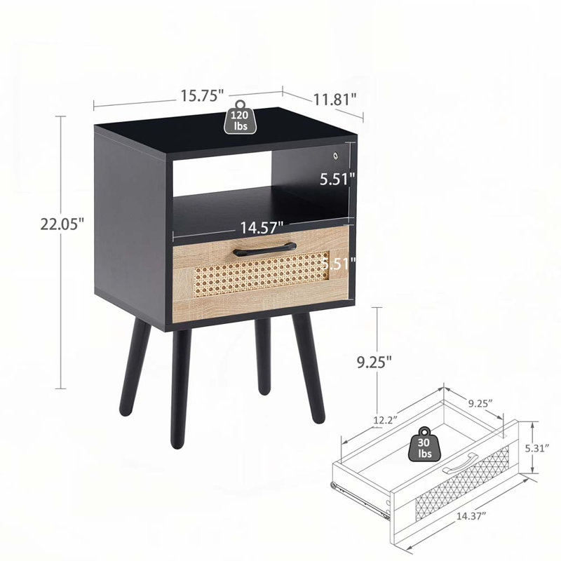 Rattan End table with drawer, Black