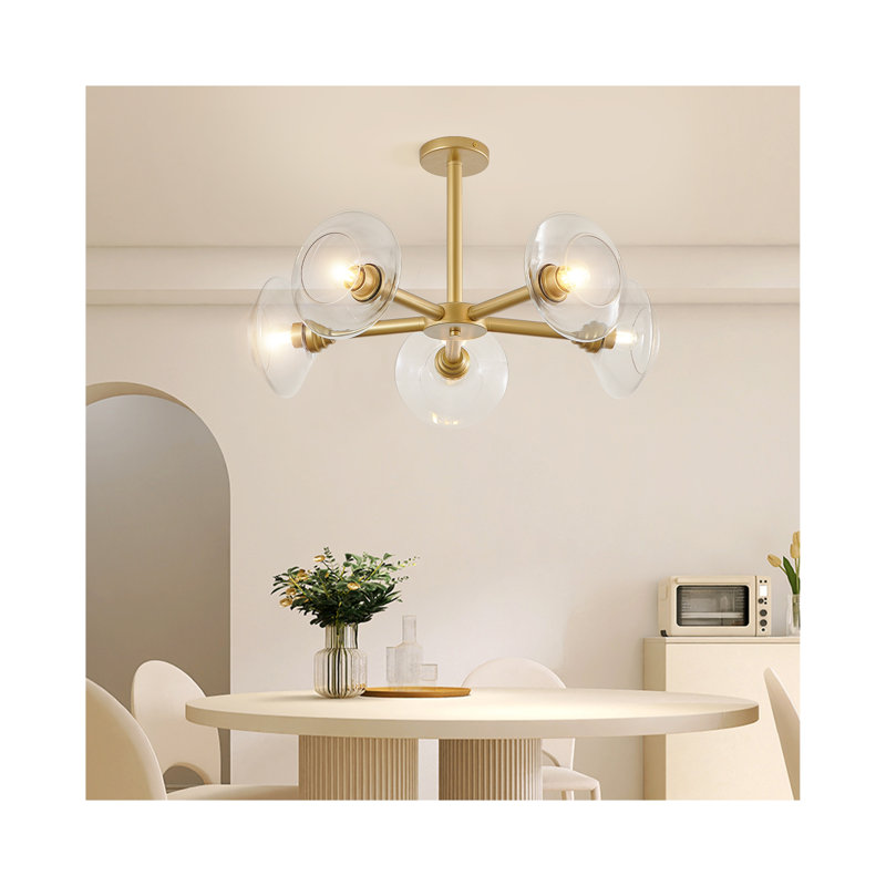 Lustre spoutnik moderne doré avec abat-jour en verre transparent, H 31,50 po x l 26,40 po x P 26,40 po, 5, 100 V