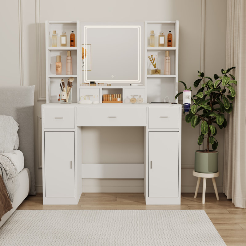 Nouvelle coiffeuse à miroir intelligente avec tiroirs et armoire de rangement, coiffeuse avec coussin de dressage, White