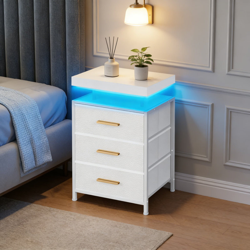 Table de chevet moderne à DEL avec éclairage ambiant RVB, 3 tiroirs en tissu, conception à plateau flottant et structure en acier robuste - Table de chevet pour la chambre à coucher, le salon ou le bureau