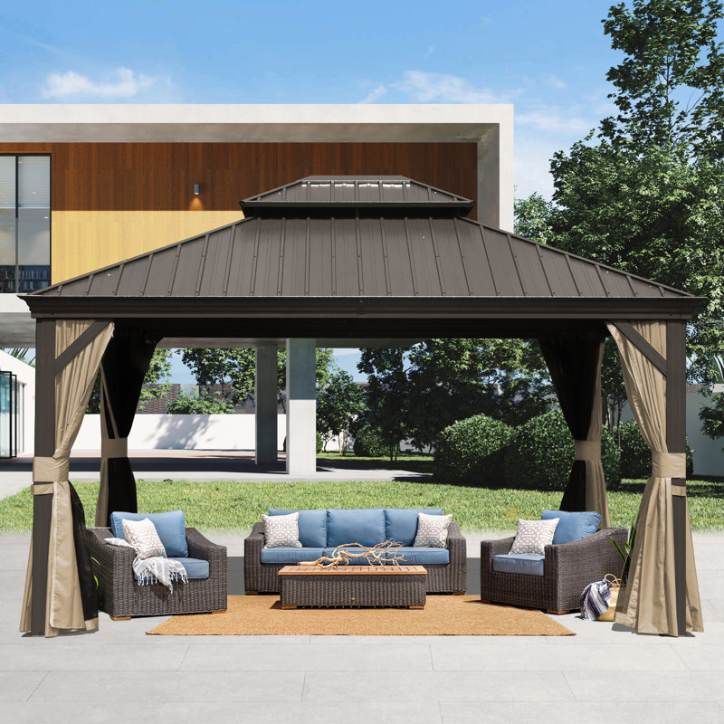 14 Ft. W x 10 Ft. D Aluminum Galvanized Steel Patio Gazebo with Double Roof