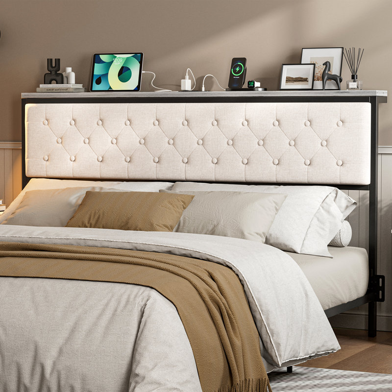 Headboard With Storage And Charging Station, Upholstered Storage Headboard Only With Bed Frame Brackets Adapter, Button Tufted Design, Easy Assembly