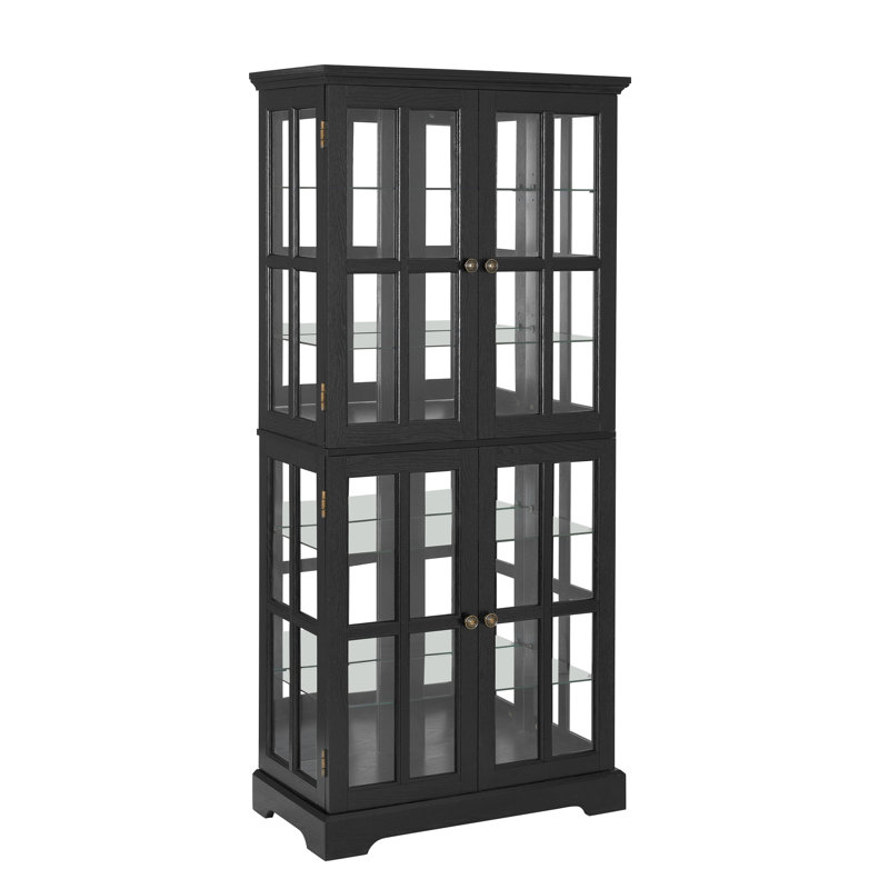 Antique Display Cabinet With Black Glass, Adjustable Shelves, Base, And Complementary Bulb For Hallway Cherry Glass Doors, Shelving, - Proof Construction, Included E26 Interior Design