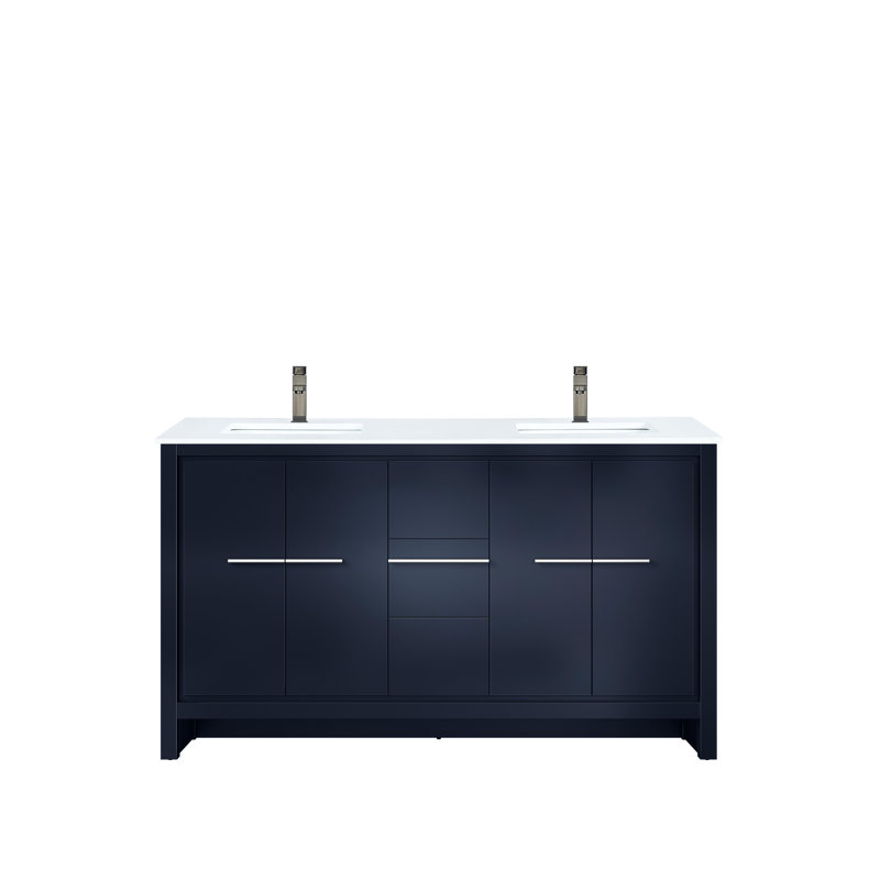 Meuble-lavabo double 60 po, comptoir en marbre de culture et robinet en métal bleu marine, rangement à fermeture douce et tablette ouverte x P 20 po