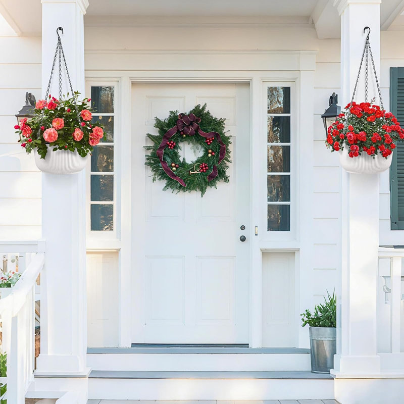 Hanging Planters For Outdoor Plants, Set Of 2 White 11.2 Inch Self-Watering Hanging Pots With Drainage Hole & Plug  Screw-In Hooks