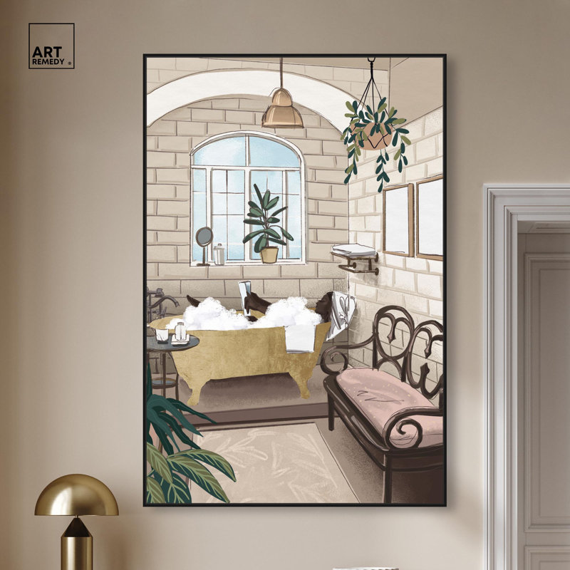 Bathtime Lounge Canvas Print Trendy Bathroom Art by Art Remedy, Black Frame, 16" H x 11" W