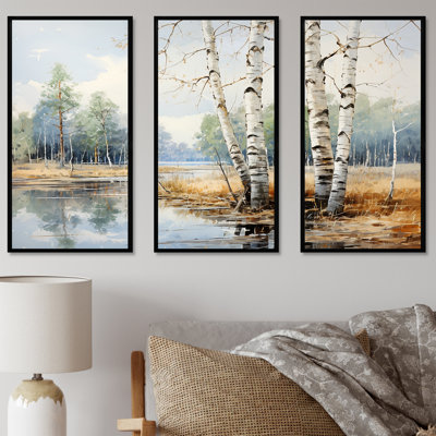 Beige And Grey Birch Wood Beauty - Tree Birch Wall Art Living Room Set