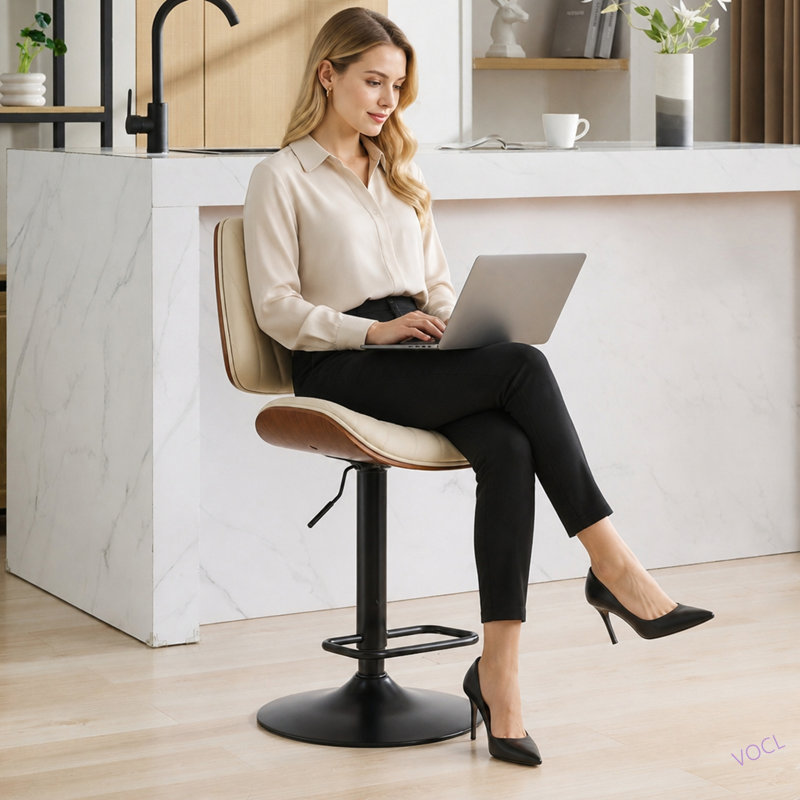 Tabourets de bar Bentwood Fauteuil de bar pivotant à 360 ° en cuir Mid-Century, Beige