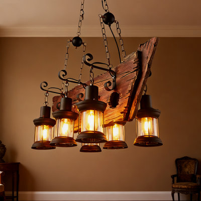 Lustre rétro en bois en forme de bateau avec luminaire suspendu industriel rétro en bois 6 lumières