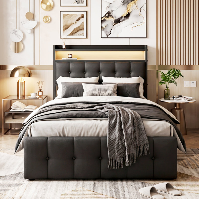 EU Sizes Ottoman Storage Bed with LED Headboard, Upholstered Gas Lift Bed Frame with USB-C Charging & Storage Shelf, Black PU & Grey Linen, 90/140/160x200cm