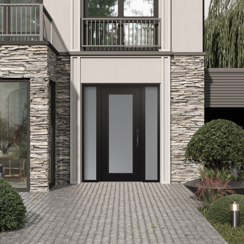 Porte d'entrée avant prémontée à panneau latéral en acier noir / blanc avec panneau latéral, L 65,69 po x H 81,69 po, Gauche