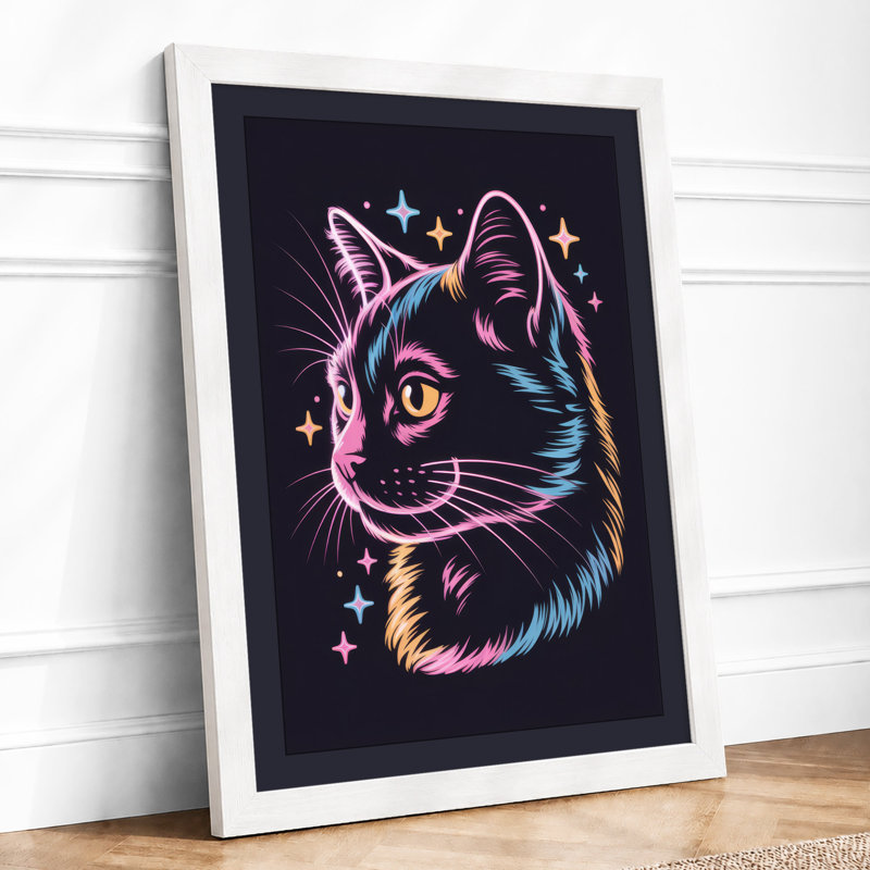 Neon Cat Portrait Modern - Print, A4 - 29.7 x 21.0 cm, Black
