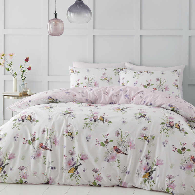 Songbird Floral Reversible Duvet Cover Set with Pillowcases, Double Duvet Cover + 2 Standard Pillowcases, Pink