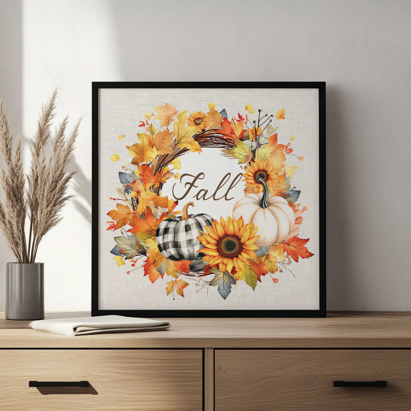 «Fall Wreath» par Nicole DeCamp, reproduction d'art, L 20 po x H 20 po, Brun, Impression encadrée