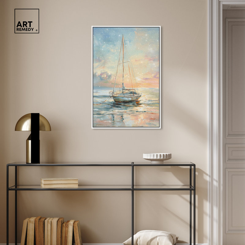 Sailing Boat at Sunset Canvas Wall Art with White Frame