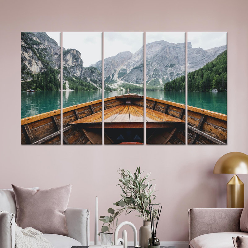 «Mountain Lake Boat View», reproduction d'art sur toile 5P, H : 59,1 x L : 98,4 pouces