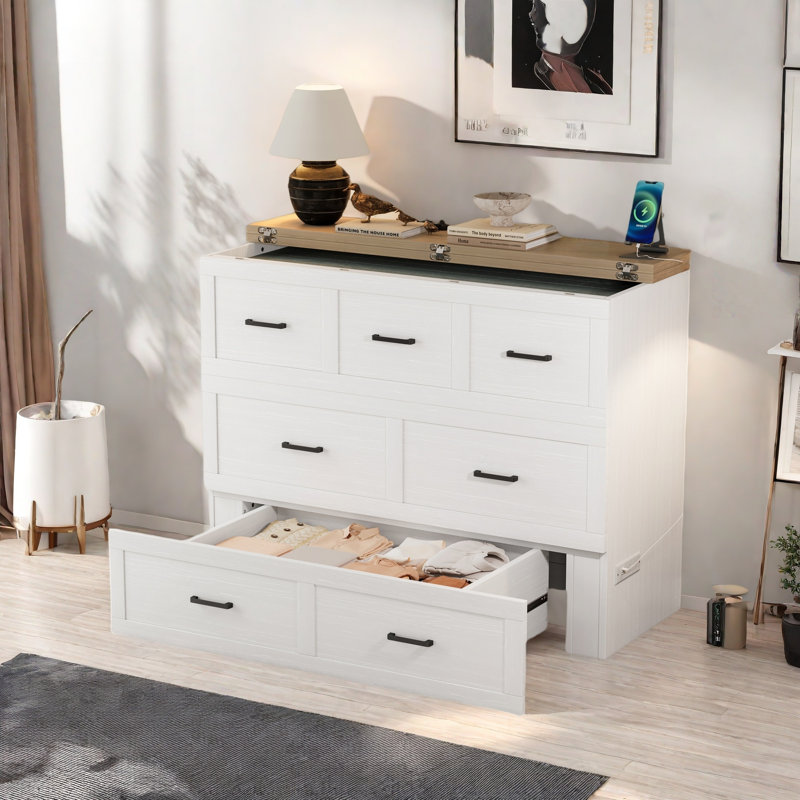 Multi-functional Foldable Murphy Bed  With Charging Station And 1 Large Storage Drawer, White, Full