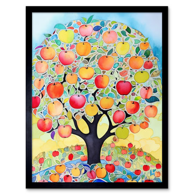 Apple Tree Fruit Harvest Day Folk Art Bright Watercolour Painting Artwork Framed Wall Art Print 9X7 Inch
