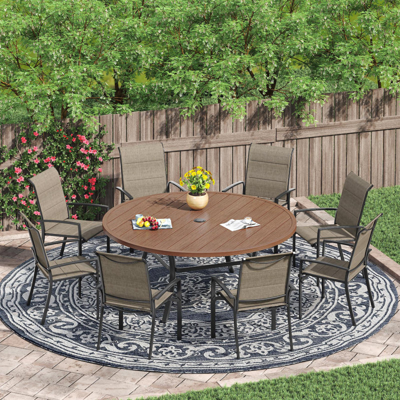 60" Patio Dining Set with Extra Large Round Dining Table and 8 Padded PVC-coated polyester Dining Chairs, Black/Brown/Brown