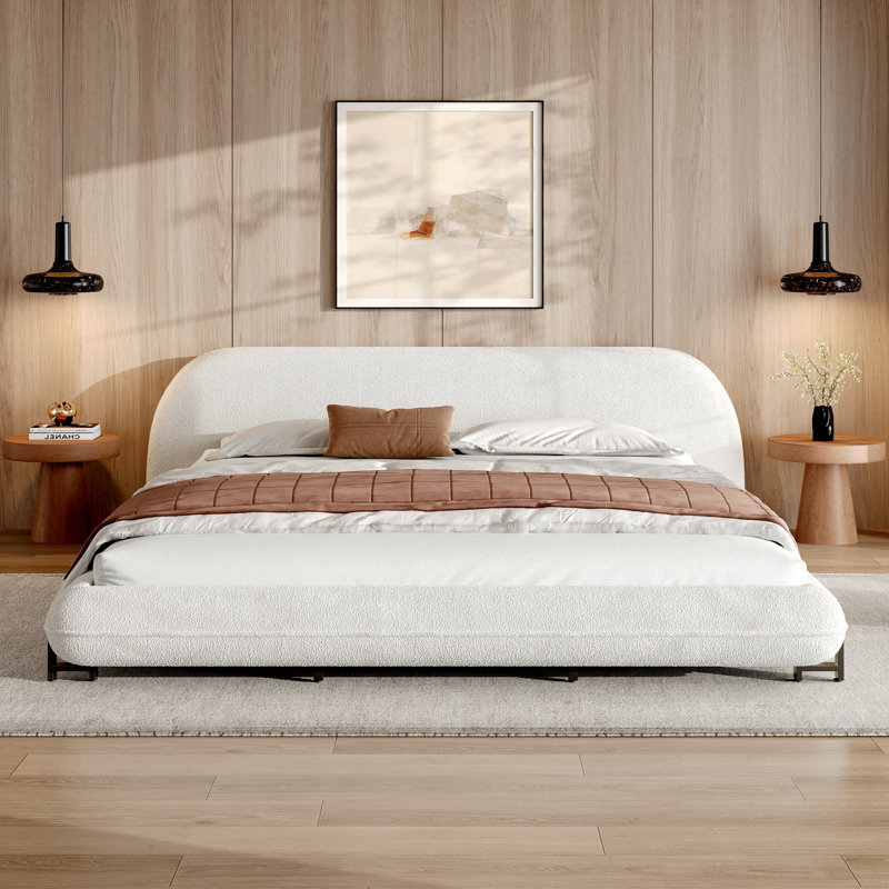 California King Size Bed Frame with Boucle Fabric, Upholstered Platform Bed with Curve-Shaped Design & Thick Headboard, White