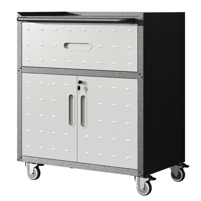 Metal Rolling Garage Cabinet With 1 Drawer - 28.98"W X 16.17"D 33.81"H, 2 Locking Doors, Black And Gray Storage, Mobile Tool For Door Wheels Drawer, , &