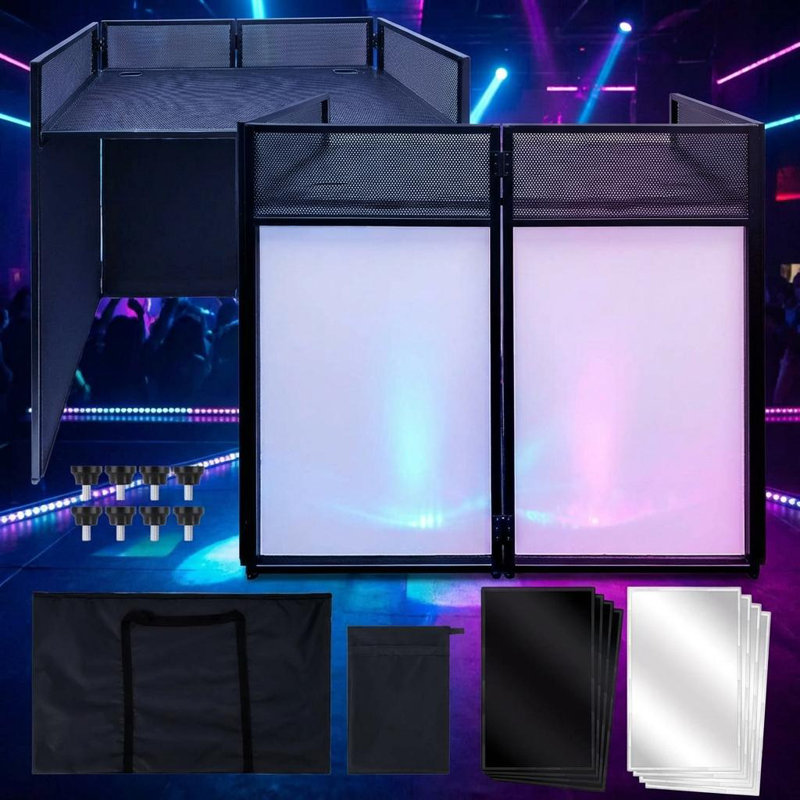 Station de table portative pour table de DJ portable - cadre en métal noir pliable, pieds de façade réglables, éclairage noir et blanc, assemblage facile - taille: 40 x 45,3 po