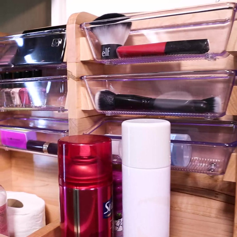 Maple Wood L-Shaped Vanity Cabinet Organizer with Soft-Close Slides