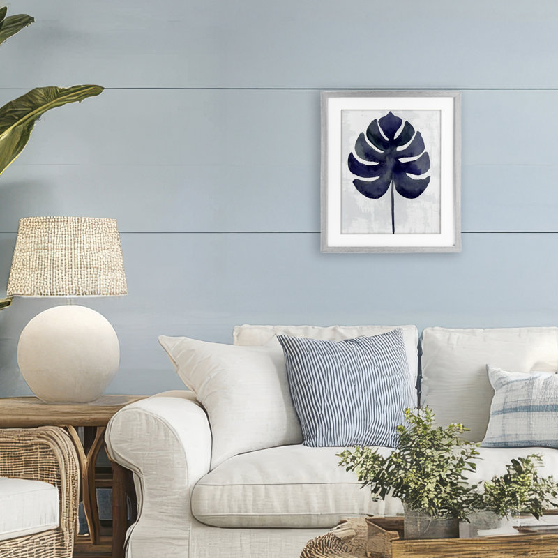 «Blue Monstera Leaf», reproduction encadrée sous verre, conception par Christie Adams, Cadre de ferme gris, H 16 po x l 13 po
