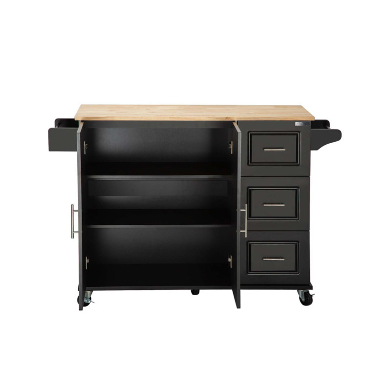 Îlot de cuisine et chariot de cuisine, îlot de cuisine mobile avec plateau en bois d'hévéa extensible
