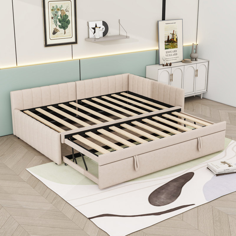 Full Upholstered Daybed with Twin Pop Up Trundle, Beige