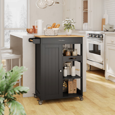 Solid Wood Top Kitchen Island Cart with Wheels, Drawers, Storage Cabinet, Towel Rack & Hooks