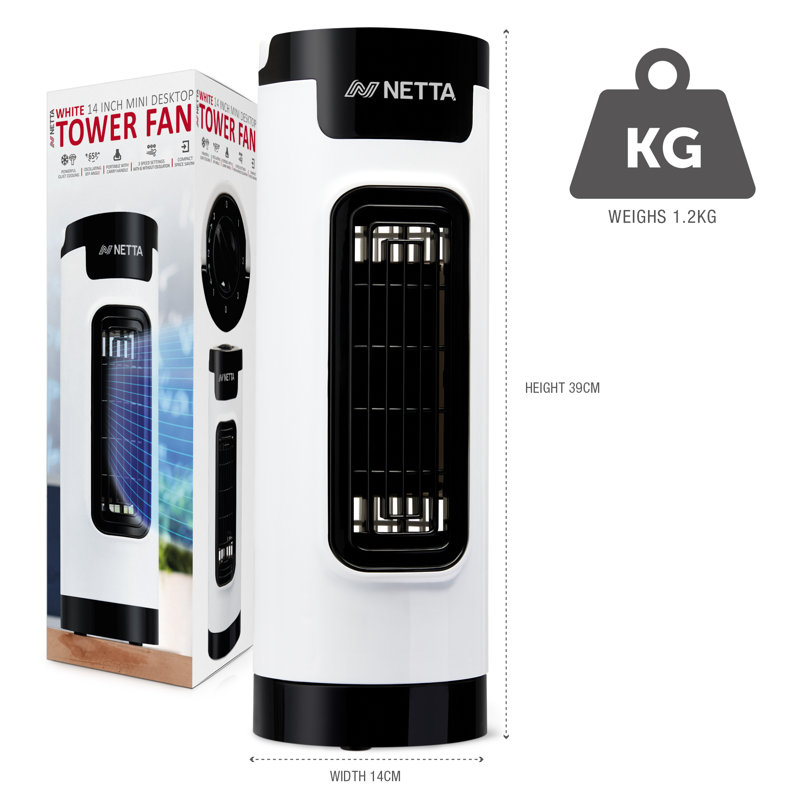 NETTA 14" Mini Tower Fan, 3 Speeds, 65° Oscillation, Portable & Lightweight, Black/White