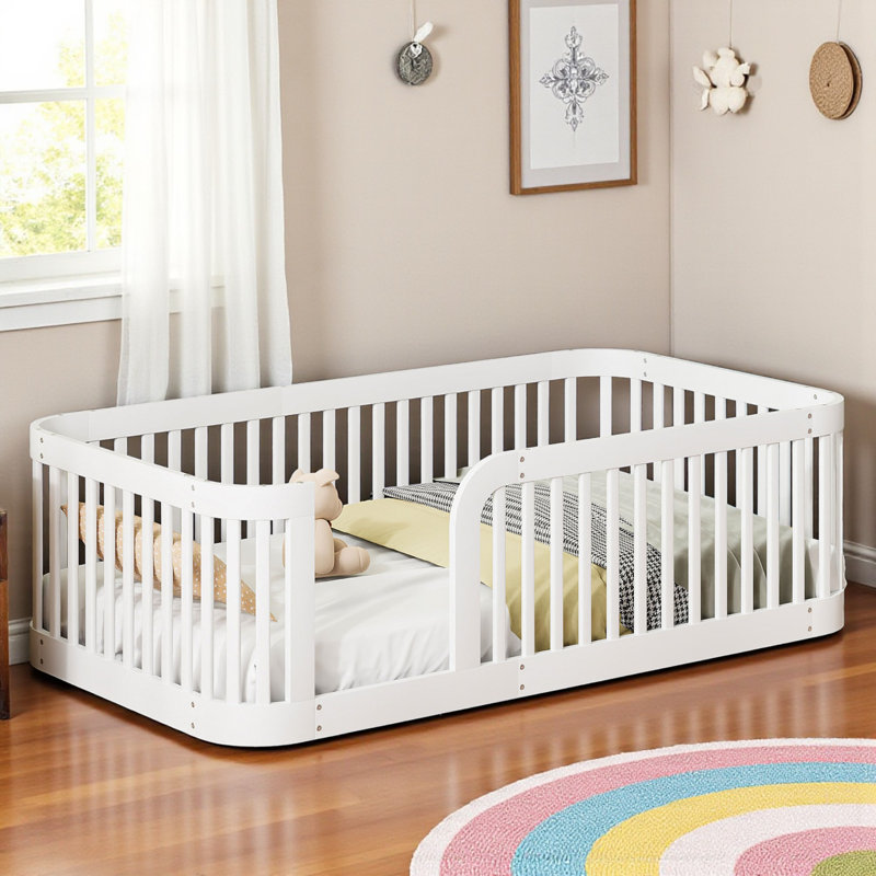 Wood Floor Bed With Guardrail, Twin, White