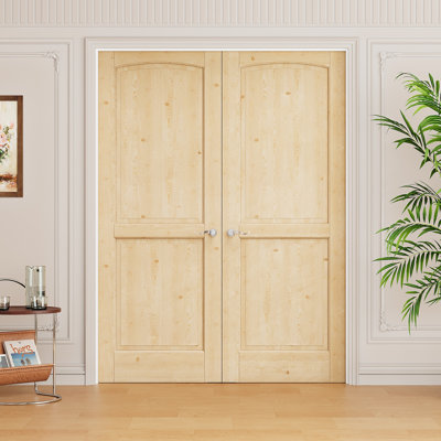 Interior 2-Panel Pine Wood Door, Colonial Natural Solid Pine Double French Doors, White Frame & Satin Nickel Hardware-Privacy Door Lever with Lock, Latch & Hinges, Unfinished & Paintable, Pantry, Room, Bedroom, Bathroom & Closet, 48"x 80"