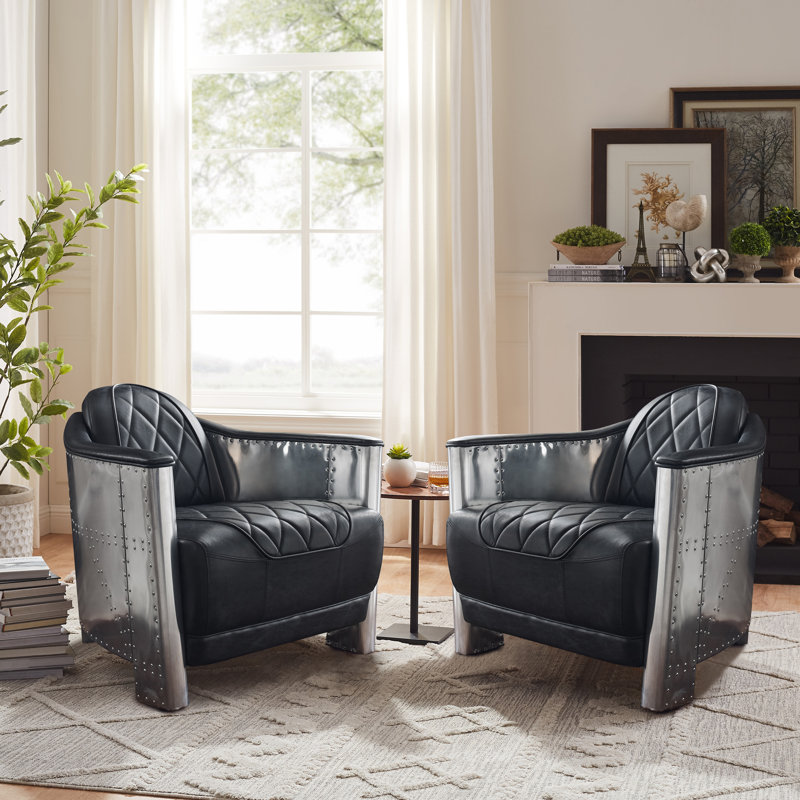 Alvenia 31.1"W Tufted Genuine Leather Accent Armchair, Black