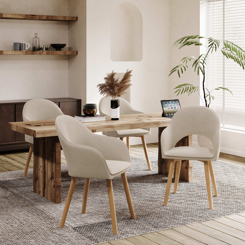 49.5cm H Luxury Fabric Upholstered Dining Chair with Wooden Legs, Beige Velvet/Natural, 4