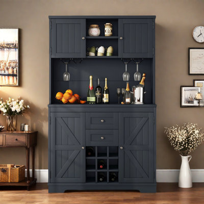 Farmhouse Pantry With 2 Drawers, Wine & Glass Racks, Storage Cabinets And Open Shelves