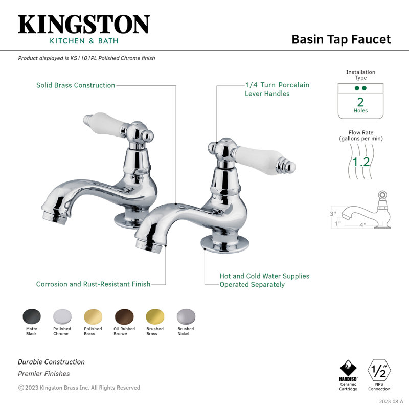 Kingston Brass Heritage Two-Handle Deck Mount Basin Tap Faucet, Polished Brass