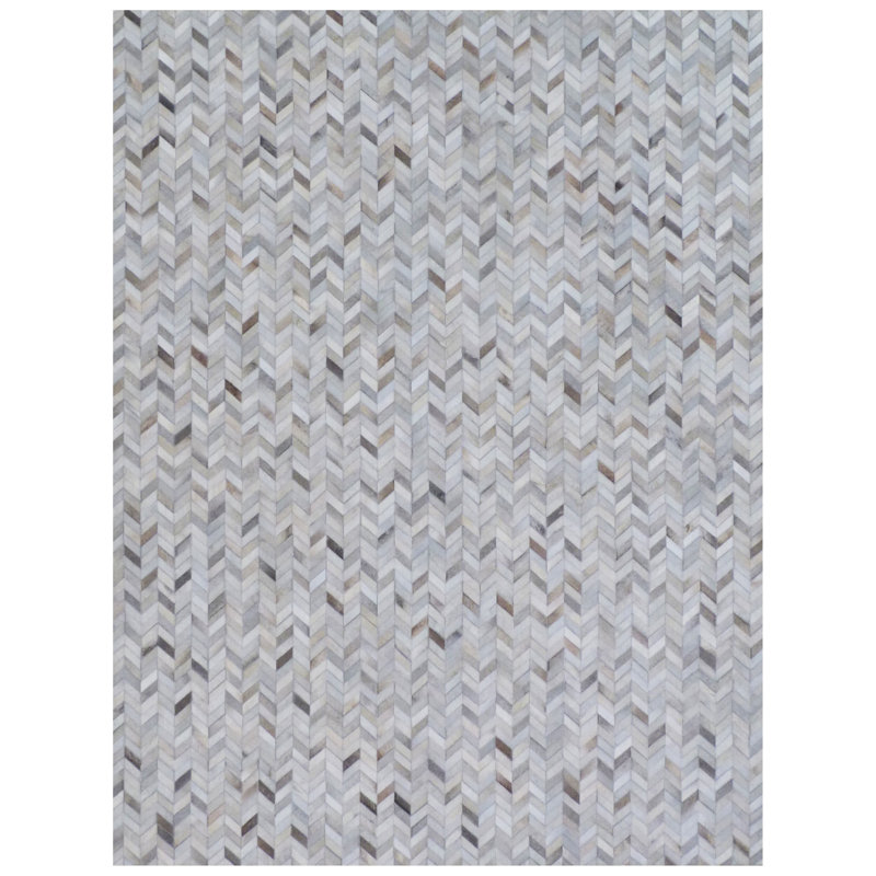 Mosaic Leather Cowhide Chevron Area Rug in Silver, Rectangle 13'6" x 17'6"