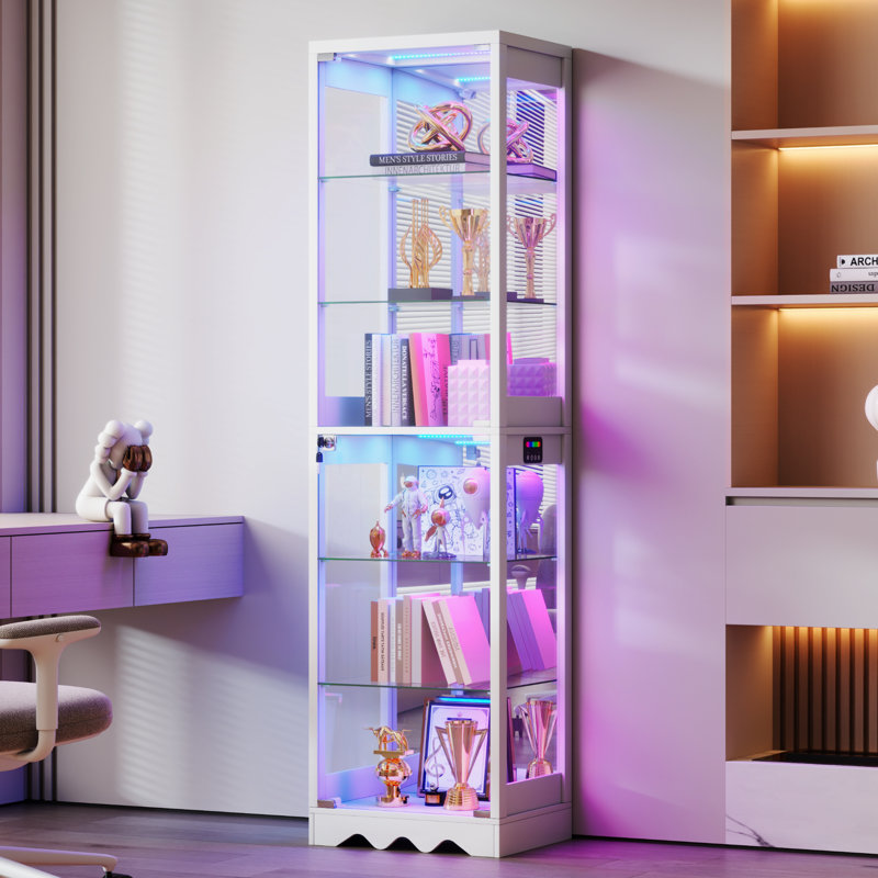 Vitrine à 6 niveaux en verre H 67,9 po x l 17,7 po avec lumières RVB, Blanc